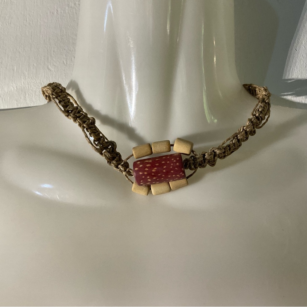 Macrame Hemp Necklace Earth tone Wood Bead 1999 vintage handma…